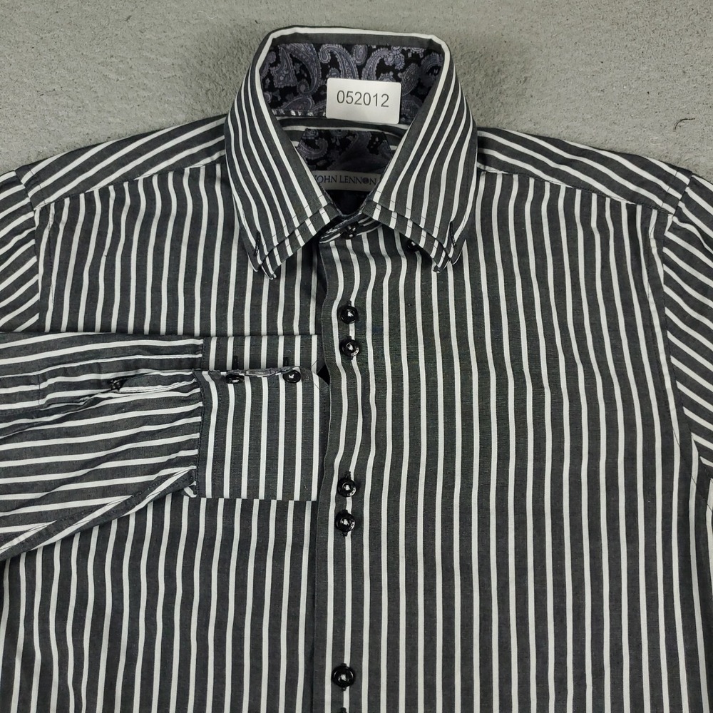 John Lennon Shirt Mens Size Medium Gray White Striped Casual Button Up Sleeve